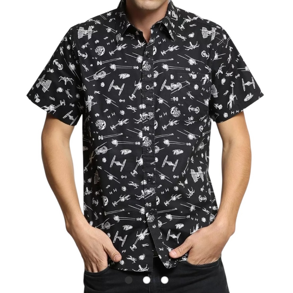 Star Wars Black and White Fighter Print Short Sleeve Button Down Shirt M